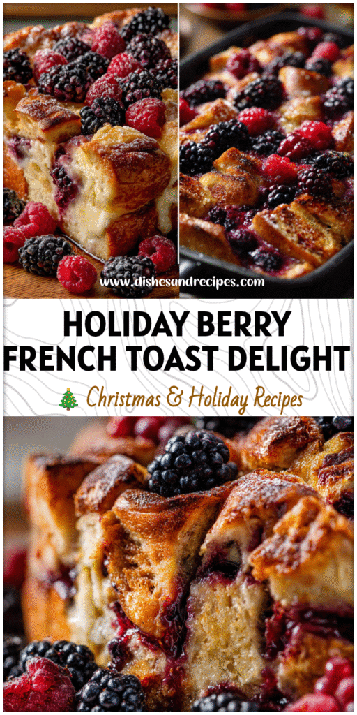 Golden baked French toast with blackberries and croissant layers topped with berries for a festive brunch.